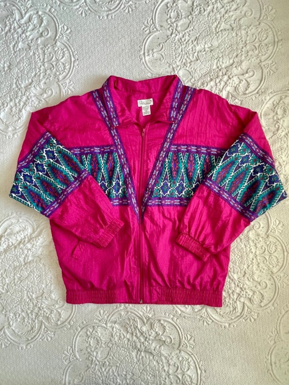 Vintage 1993 Bocco Colorful Aztec Ribbon 100% Nylon Lined Windbreaker Jacket LRG - Picture 1 of 14
